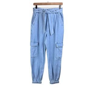 TGLA Light Wash Chambray Blue High Paperbag Waist Belted Cargo Pocket Joggers